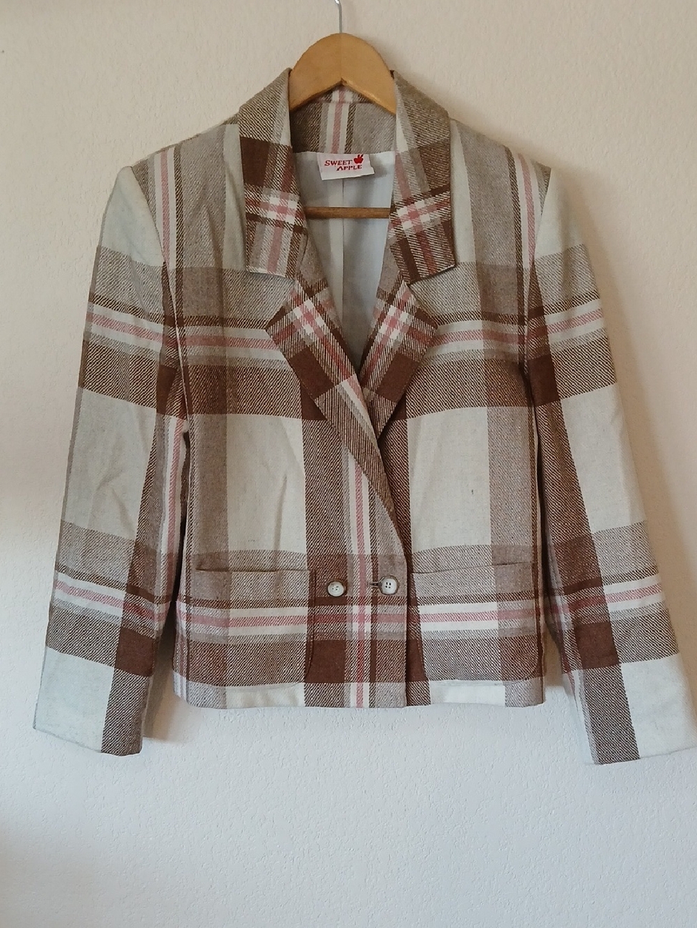 Vintage Sweet Apple Tan Plaid Blazer Wool Blend